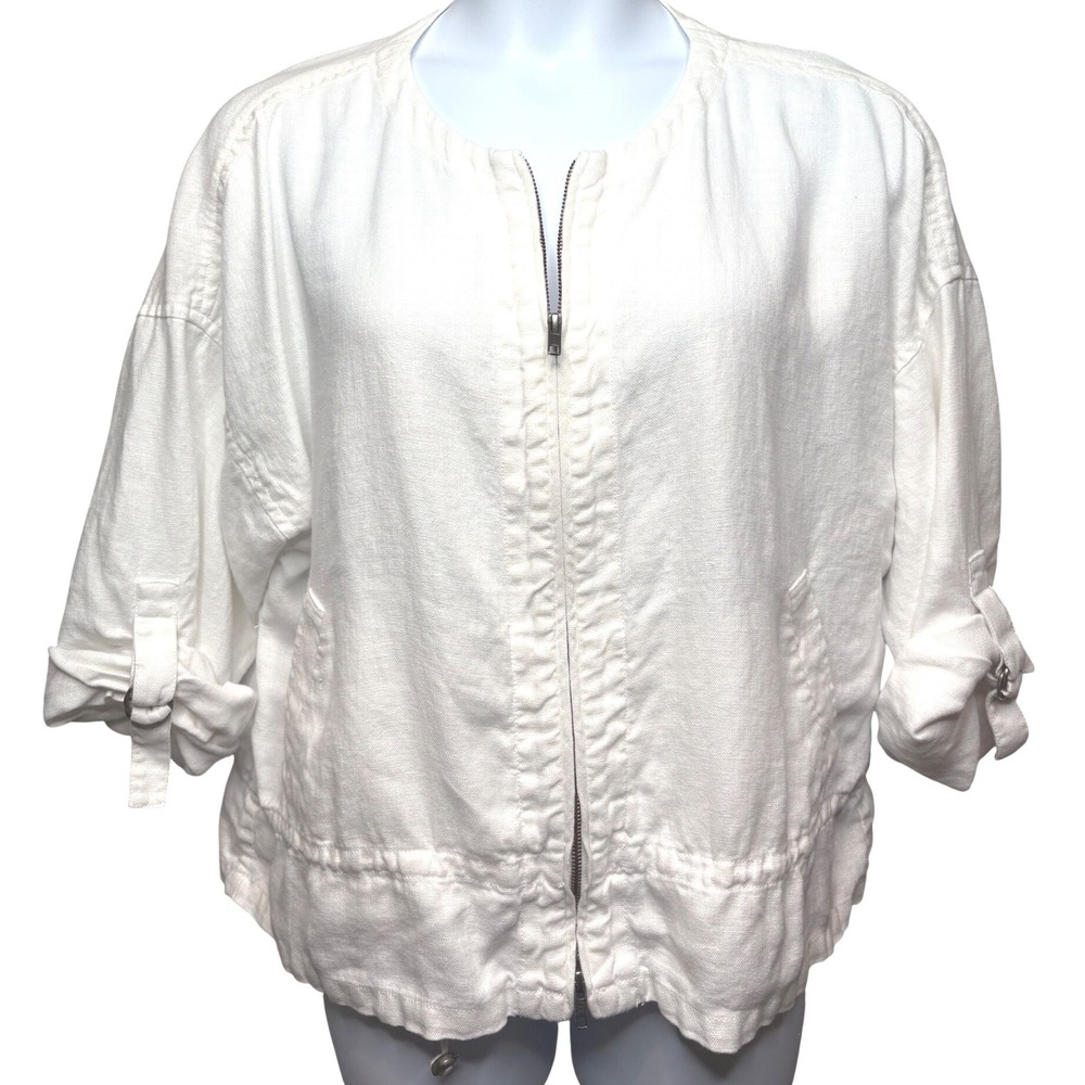 EILEEN FISHER Womens White Linen Bomber Jacket M Roll Tab Adjustable Minimalist